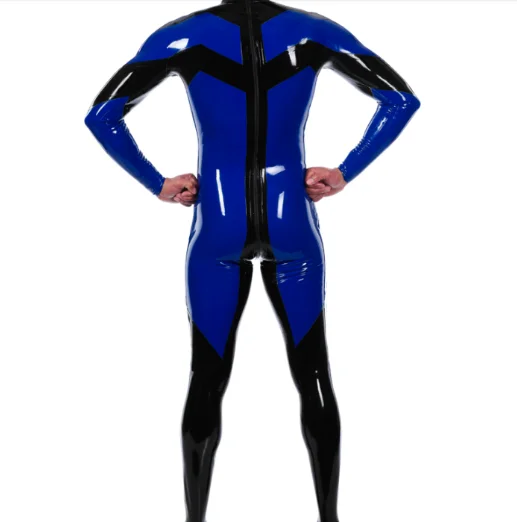 Fetish Gummi Latex Dunkelblau&Schwarz Catsuit Party Anzug Suit Tight 0.4mm Zip S-XXL