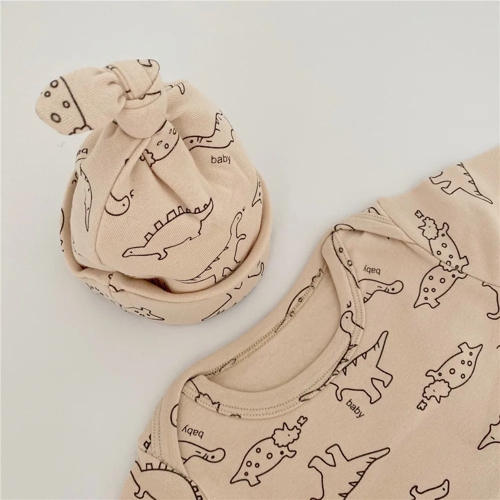 3PCS Toddler Baby Clothing Dinosaur Print Baby One Piece bodysuits With Hat Cotton Boys Girls Home Suits