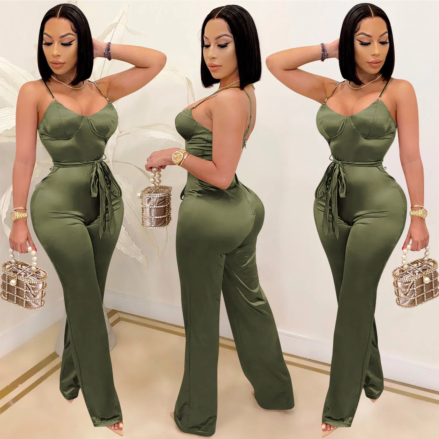 Long Sleeve Jumpsuits And Rompers For Women Solid Sexy Jumpsuits Fashion Belt Spaghetti Strap Jumpsuits Club Wear