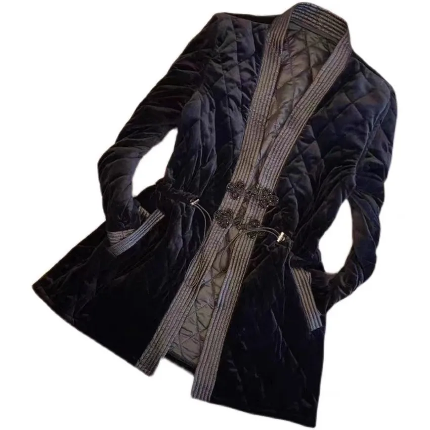 

New vintage winter gold velvet cotton padded coat women v-neck thick warm slim outwear