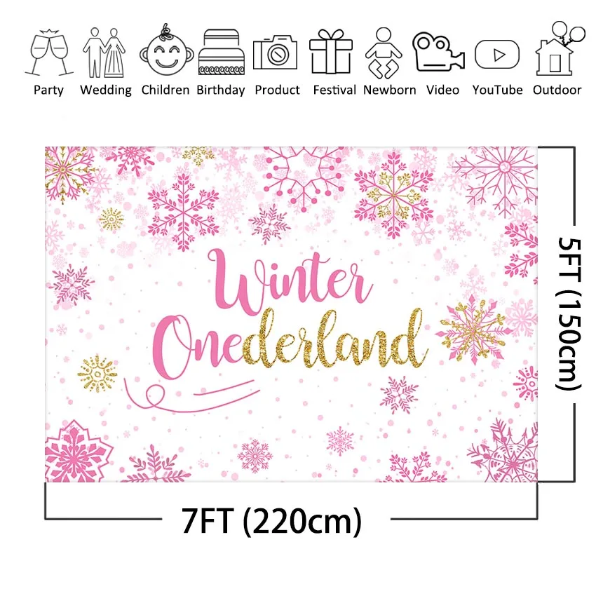 Winter Onederland Party Backdrop Decorations Baby Girls Pink Snowflake First Birthday One-derland Photography Background