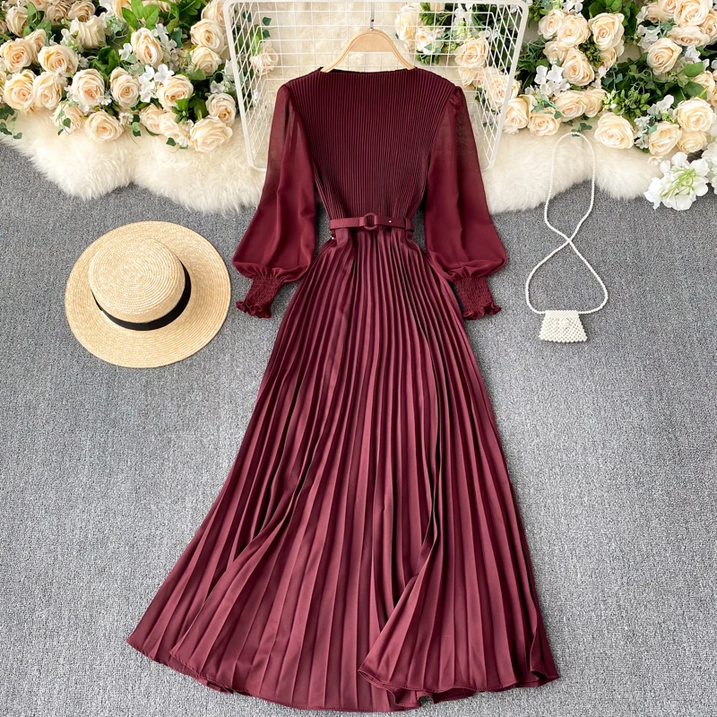 

Long Lantern Sleeve Party Elegant Dresses Women Maxi Dress 2023 High Waist Vintage Spring Patchwork Lace Wine Red Robe