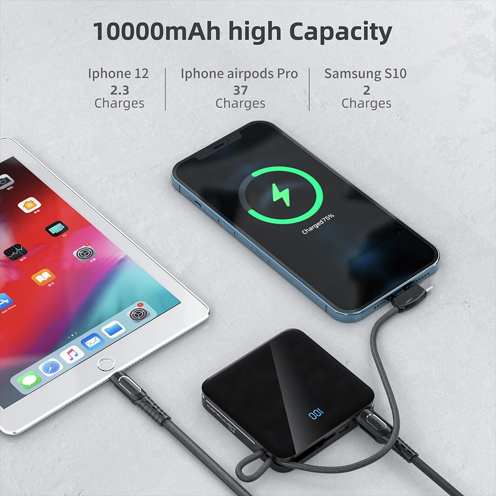 Led Dispaly PowerBank Built In Cable 10000 mah Mini Povebank Slim Power Bank For iphone 12 Samsung VIVO Realme