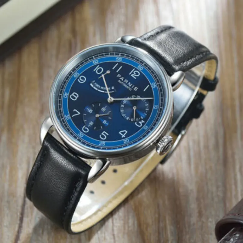 42mm PARNIS blue dial power reserve date window ST automatic mens watch