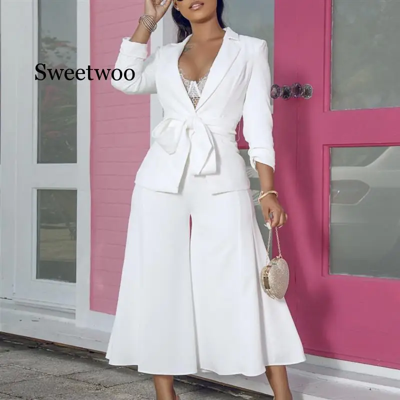 

Office Lady Blazer with Pantskirts Suit set Elegant 2 Piece Sets Sashes Women Jackets Trousers Wide Leg Culottes Modest Fashion