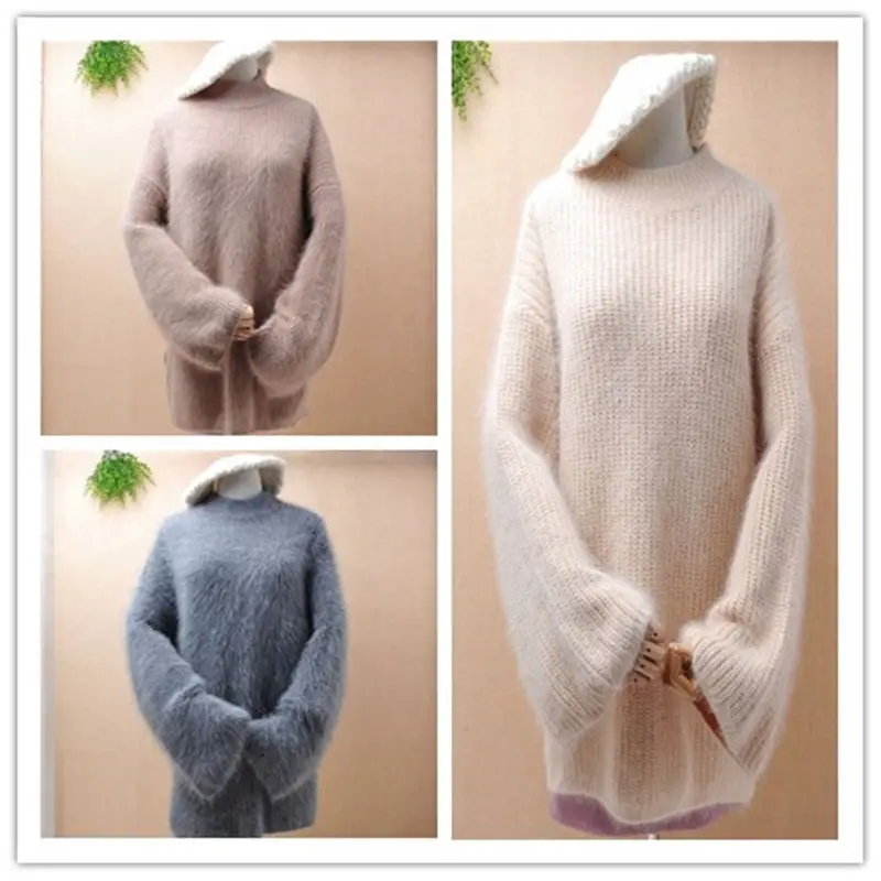 ladies women winter thick warm medium turtleneck hairy mink cashmere knitted long flare sleeves loose pullover angora fur jumper