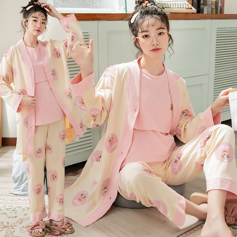 3Pcs/Set Cotton Pregnancy Maternity Pajamas Set Women Nursing Pregnant Pijama Sleepwear sleep tops pants robe Breastfeeding Nigh