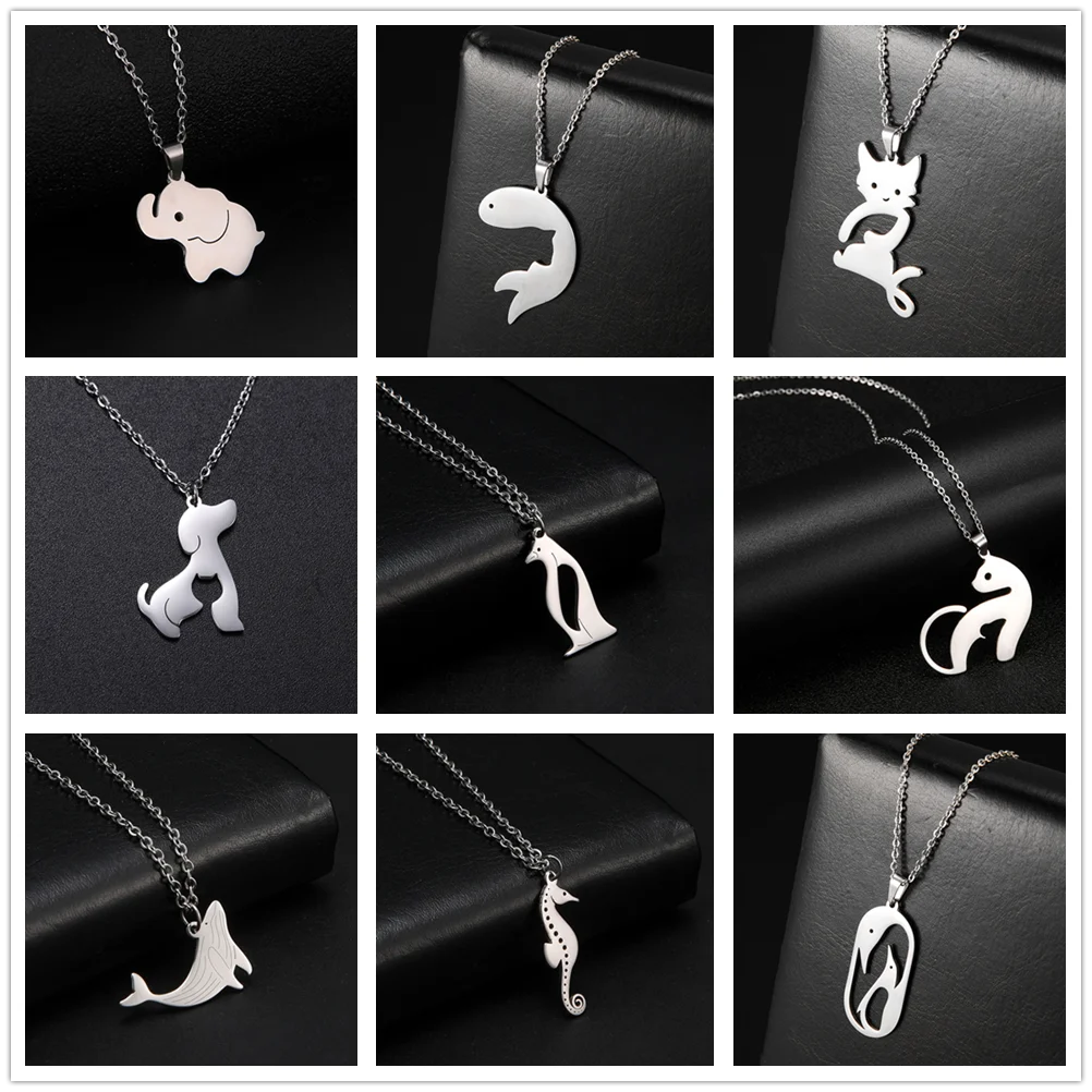 Cazador Stainless Steel Animal Pendant Necklace Cute Cat Dog Pet Whale Elephant Fish Penguin Necklaces Jewelry Gift for Women