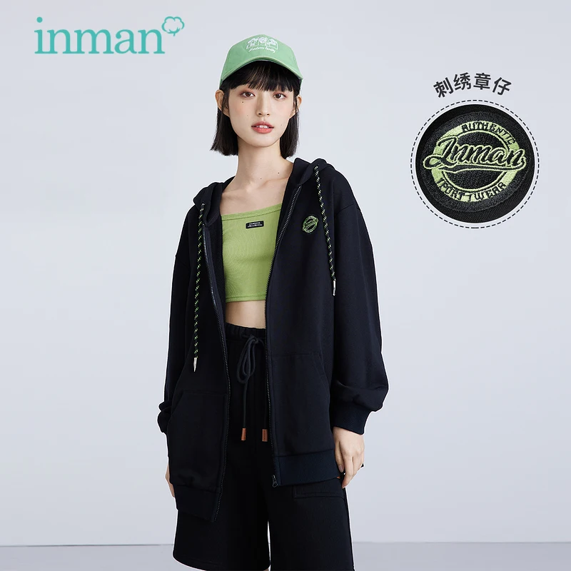 

INMAN Women's Hoodies Spring Autumn Traffic Casaul Embroidery Logo Drawstring Hooded Pocket Loose All-match Coat