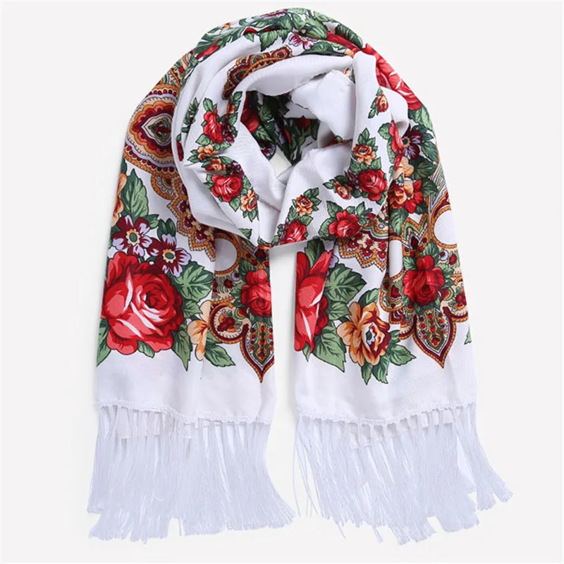 Ethnic Style Floral Print Russian Scarf Women Luxury Flower Printed Bandana Beach Scarves Retro Fringed Winter Pashmina Shawl