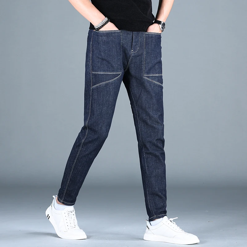 Fashion Summer Blue Jeans Men Korean Style Slim Fit Pencil Pants Patchwork Stretch Denim Trousers