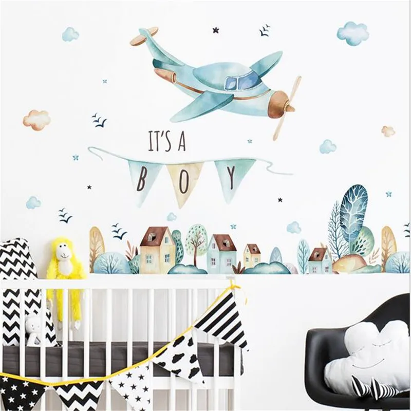 Cartoon Airplane Fairy Tale Town Wall Stickers For Boy's Bedroom Kindergarten Background Wall Decoration Home Decor 30*90CM