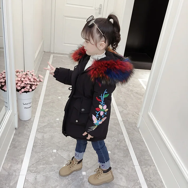 Girls Embroidered Cotton-padded Clothes Fall Winter Coat Kids Long Outerwear Children Hair-collar Thickened Wadded Jacket P289