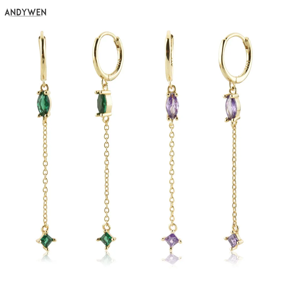 

Andywen 100% 925 Sterling Silver Luxury Green Purple CZ Zircon Charm Long Chain Drop Earring Jewelry Piercing Clips Jewels