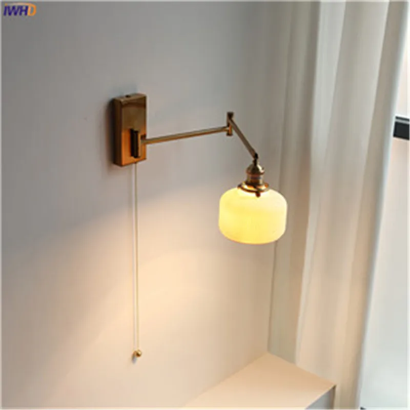 

IWHD Green Glass LED Wall Light Fixtures Pull Chain Switch Up And Down Left Right Adjustable Swing Long Arm Wall Sconce Wandlamp