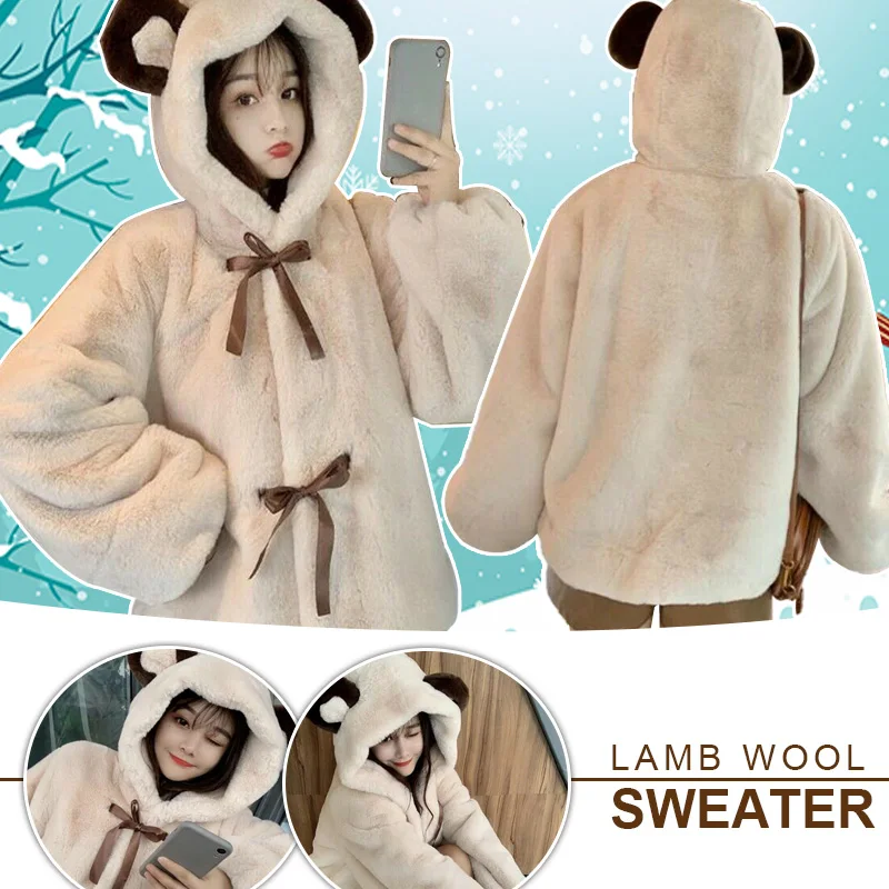 Women Winter Lamb Wool Hooded Sweatshirts Faux Fur Coat Jacket Kawaii Fluffy Hooded Tops Harajuku Outerwear Warm Pullovers