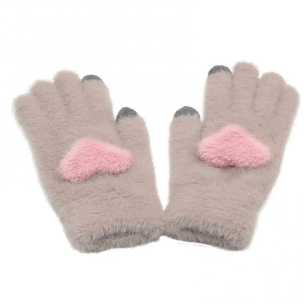 Women Winter Warm Fluffy Gloves Heart Shape Plush Knitted Mittens