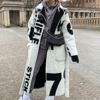 Women Long Double Sided Print Tweed Coat Autumn Winter Elegant Lapel Lace-up Fashion Cardigan Jacket Long Sleeve Loose Outerwear