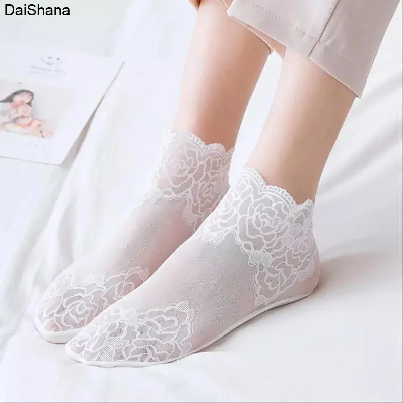 5Pairs/lot Silk Socks Women Embroidery Crew Cotton Colorful Thin Skin Women Sock Elasticity Ankle Net Yarn Thin Women Cool Socks