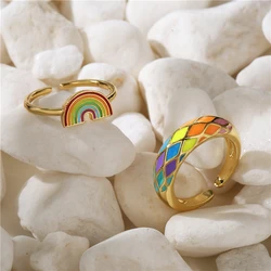 Rainbow Rings,Colorful Geometry wedding Engagement Ring femme Women for ring party gift charm Rhinestone ins Jewelry