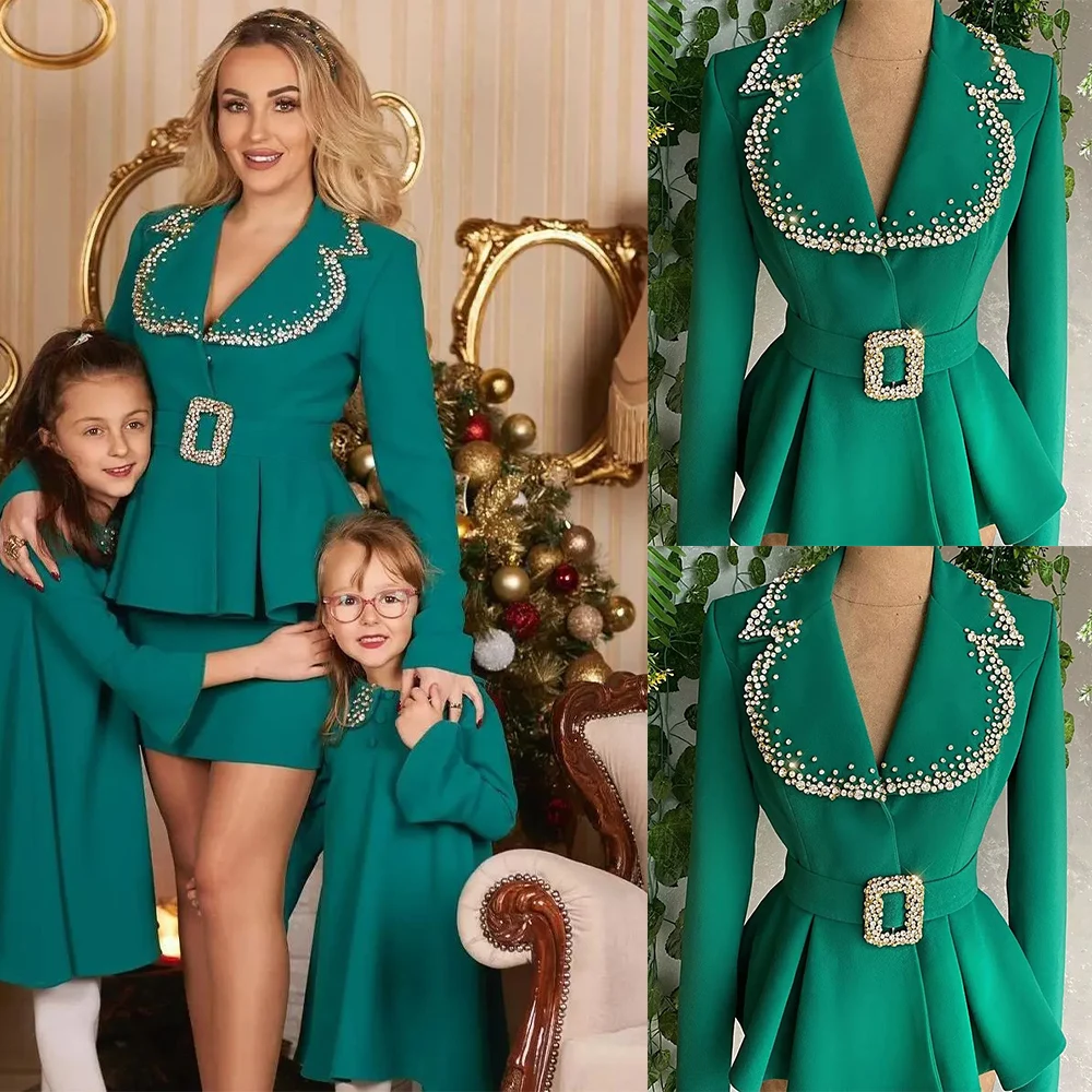 Fashion Elegant Green Women Suits Custom Made Wide Peter Pan Lapel Blazer & Tight Short Skirt Office Lady Casual Daily Jacket