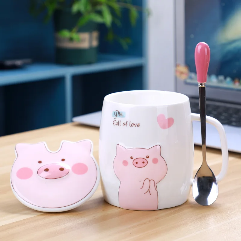 500mL Ceramics Cute Pig Mug with Lid Spoon Coffee Milk Tea Cup Water Drinking Glasses Tumbler Creative Gift Drinkware