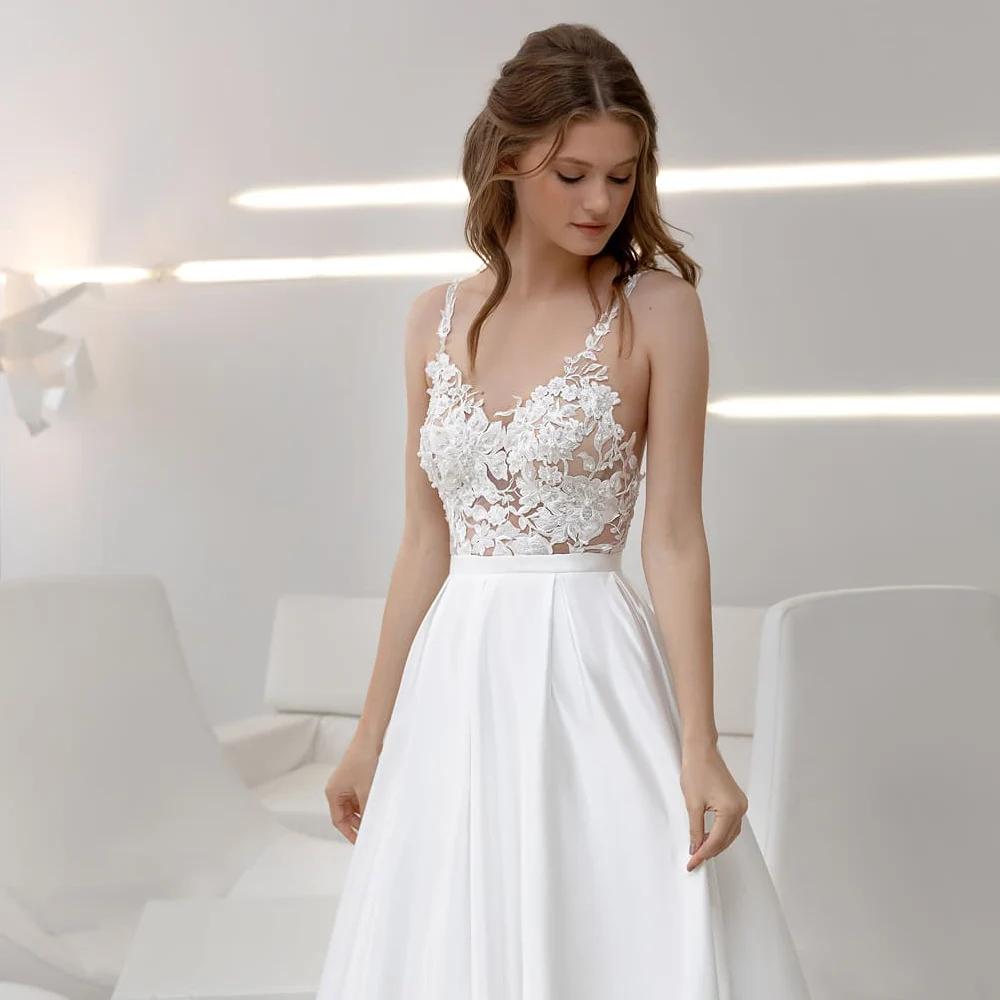 ADLN Classic Spaghetti Straps Satin Wedding Dresses with Pearls Sexy Back Robe de Mariee A-line Bridal Gown Customzied