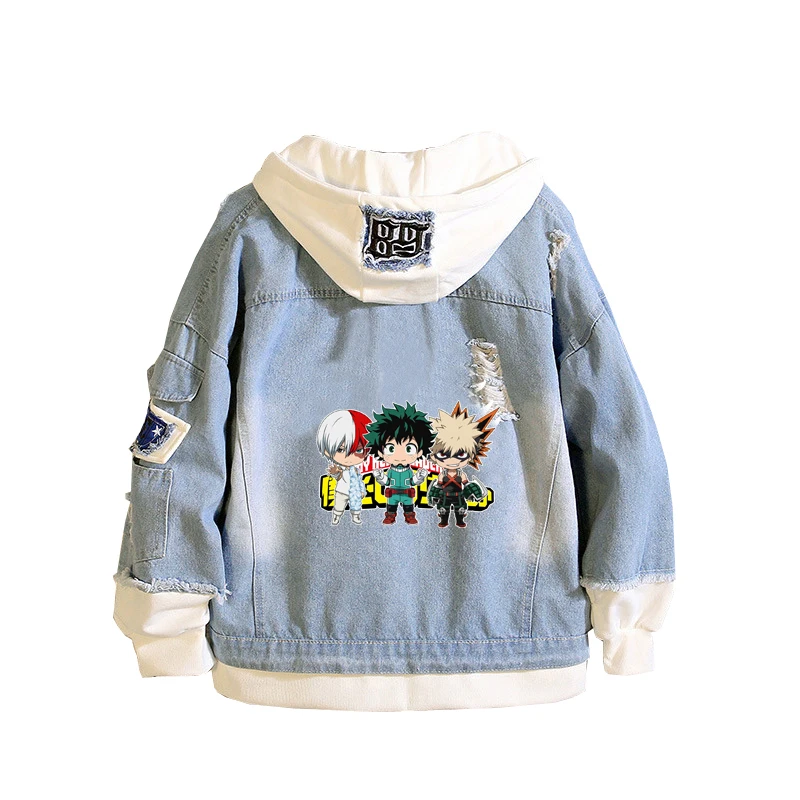 Джинсовая куртка оверсайз с капюшоном и капюшоном, в стиле аниме