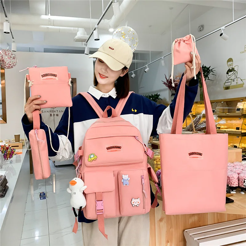 

4 Pcs Set Harajuku Women Laptop Backpack Canvas School Bags For Teenage Girls Kawaii College Student Kids Book Bag Rucksack 2021