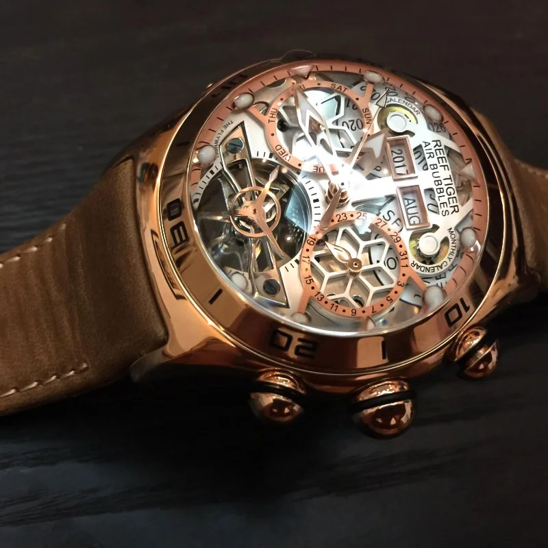 Reef Tiger Luxury Rose Gold Skeleton Automatic Watches Tourbillon Leather Strap Watches Waterproof Sport Watch Men RGA703