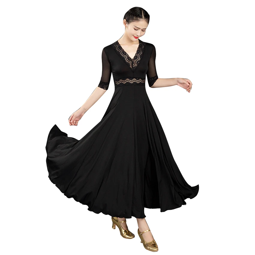 V Neck Lace Stitching Standard Women Ballroom Dance Dress Waltz Adult Modern Ball Costumes Tango Rumba Clothing