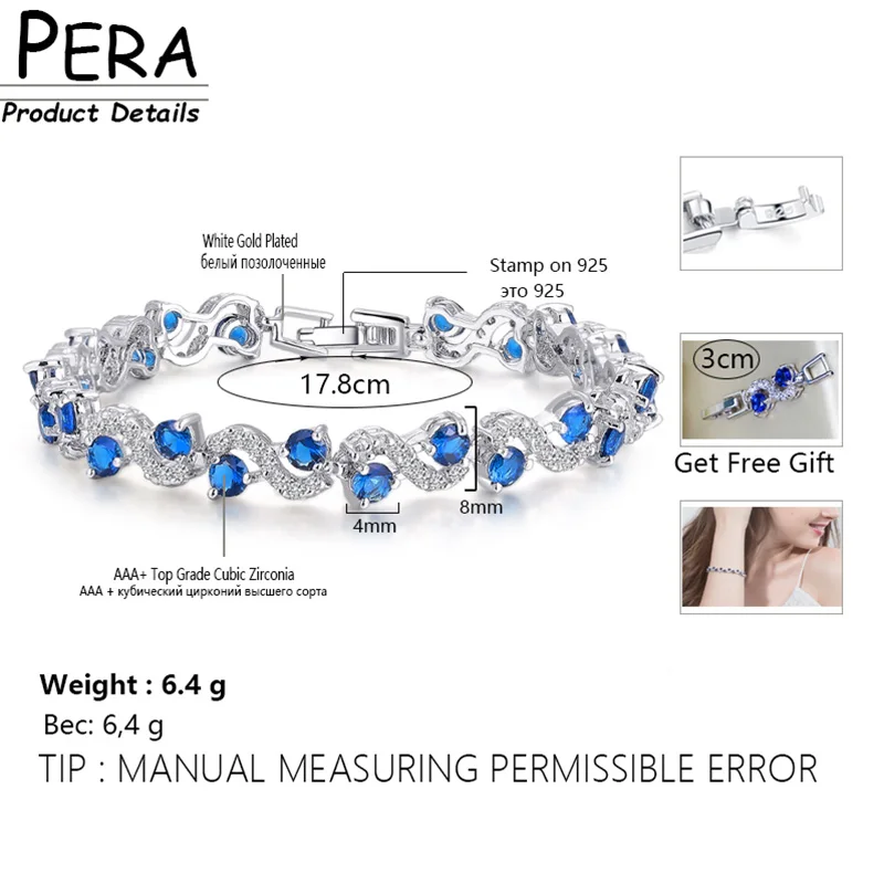 Pera 5 Colors Options Fashion Ladies Silver Plated Cubic Zirconia Royal Blue Tennis Bracelets Jewelry for Christmas Gift B017