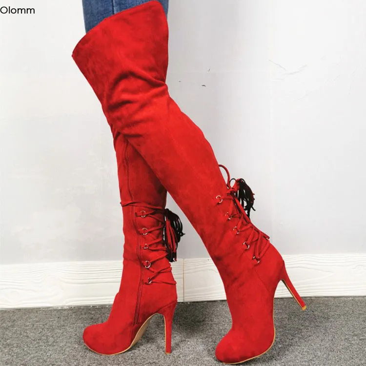 Olomm Handmade Women Thigh High Boots Pretty Fringe Sexy Stiletto Heels Round Toe Gorgeous Red Party Shoes Women US Size 5-15