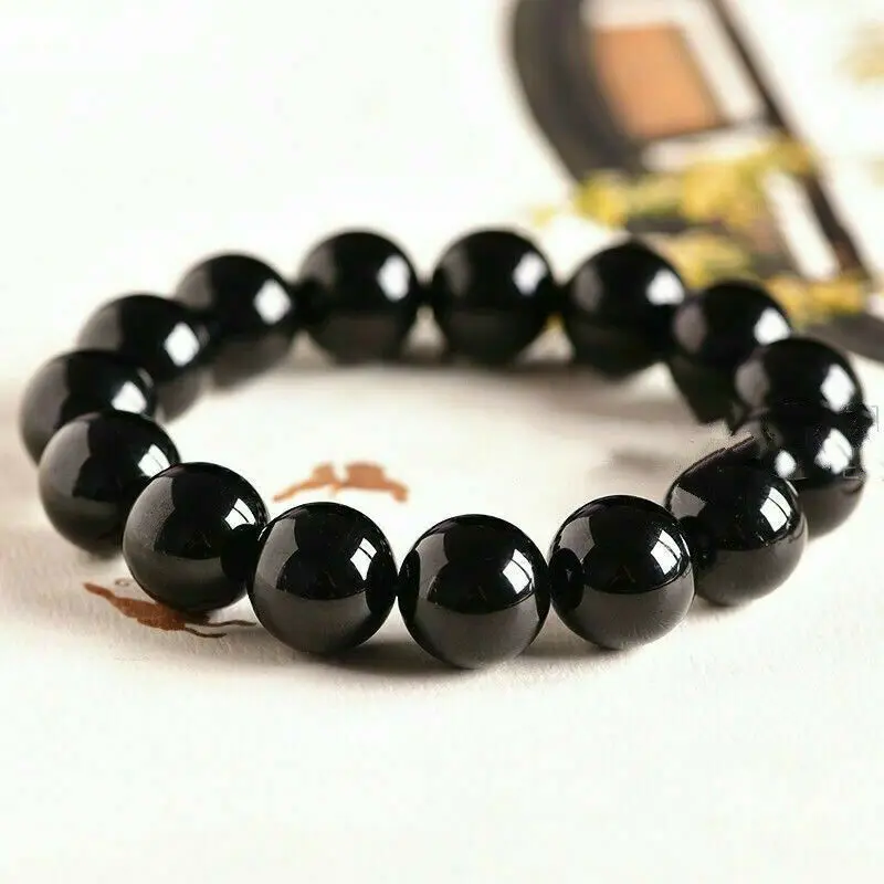 12mm Natural Black Agate Round Gemstone Beads Stretchy Bangle Bracelet 7.5''