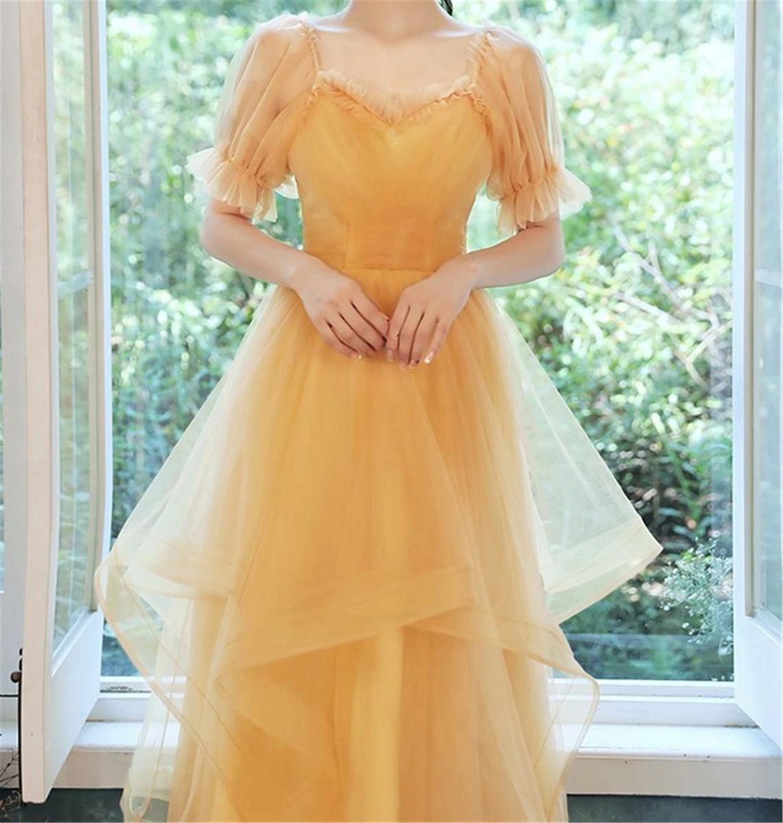 Abito da ballo fata giallo abito da ballo abito da sera lungo in Tulle con manica elegante abito da damigella d'onore abito da ballo di laurea personalizzato