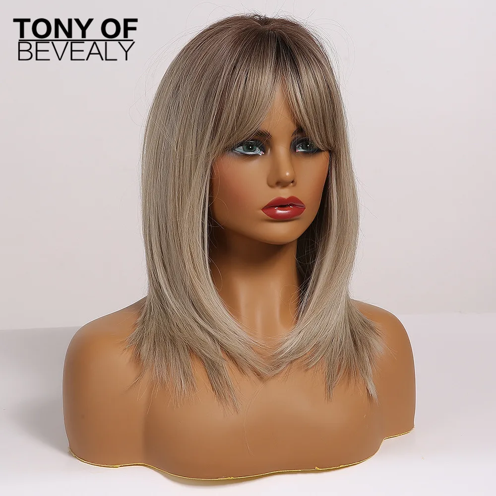 Medium Length Ombre Brown to Blonde Straight Hair Wigs with Bangs Synthetic Wigs for Women Cosplay Heat Resistant Natural Wigs