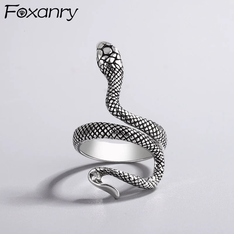 FOXANRY Silver Color Rings Couples Accessories Fashion Punk Vintage Simple Winding Snake Design Party Thai Silver Jewelry