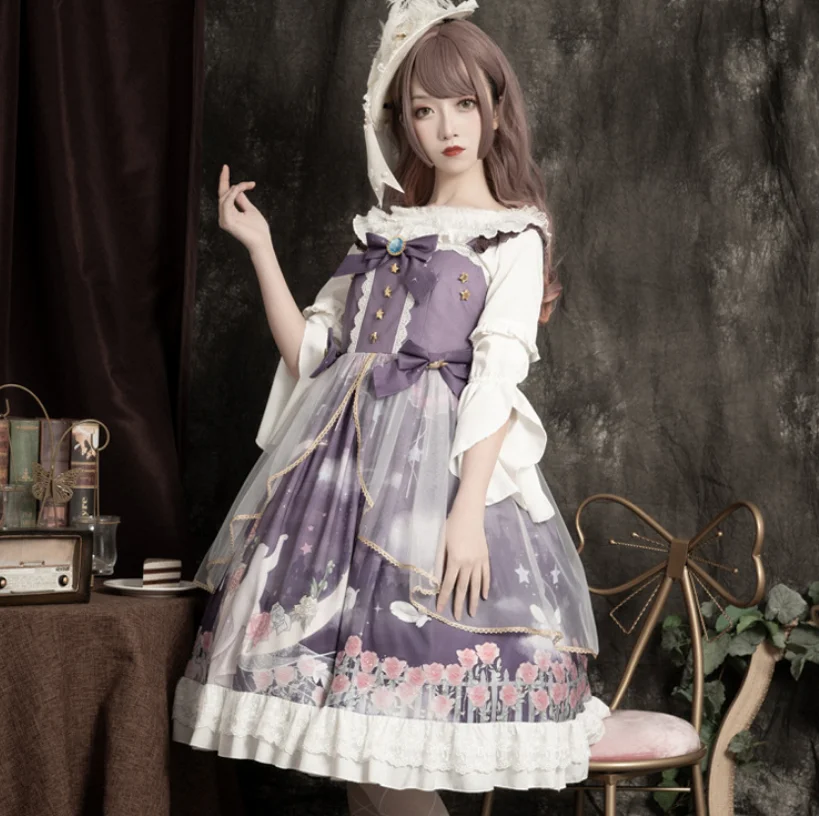 Vestido de fiesta de té de princesa lolita, vestido de tirantes vintage de encaje con lazo, estampado victoriano kawaii, chica gótica lolita loli cos