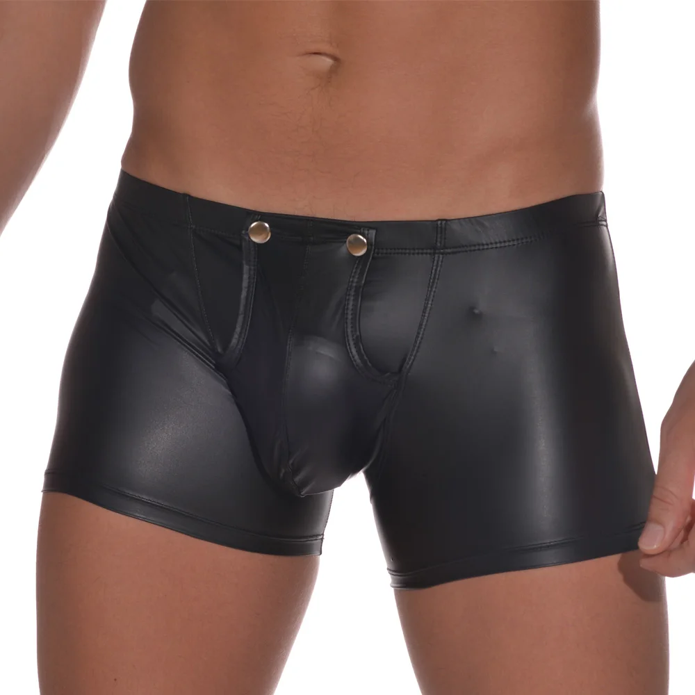 Boxers Men Leather Sexy Gays Underwear Open Front Casual Slip Male Shorts Solid Color Fashion Panties Button Black Underpants