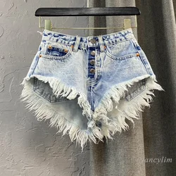 Women's Jean Shorts Summer High Waist Single-Breasted Wide Leg Hot Pants Ripped Fringed Burr Denim Short Femme Ropa Mujer