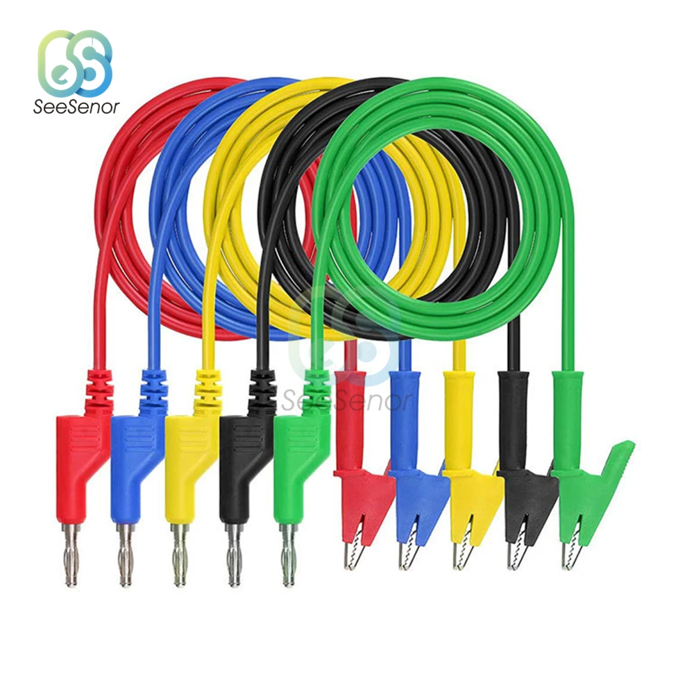 5pcs/set Test Probe Kit Alligator Clip to 4mm Banana Plug Multimeter Test Lead 19A/1000V Cable Length 1M