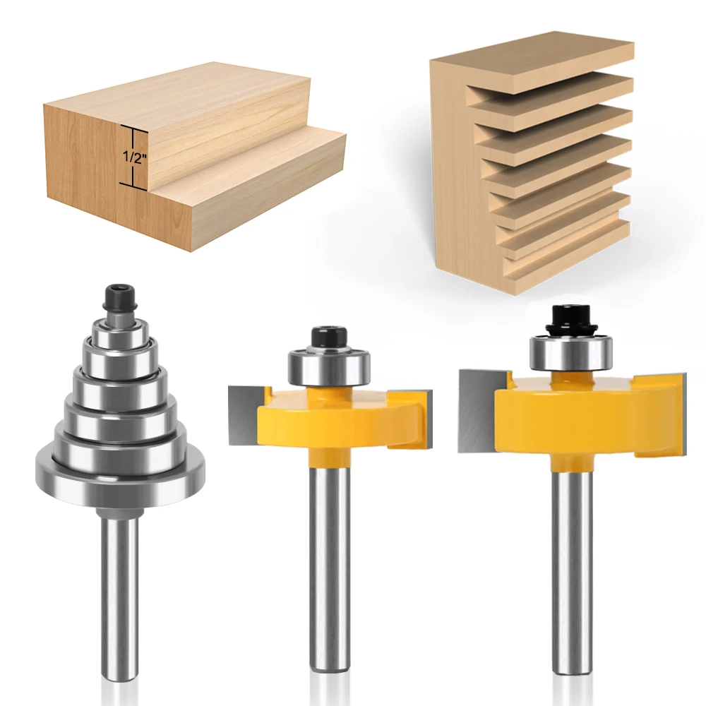 6, 8, 12mm  shankRabbet Router Bit with 6 Bearings Set -1/2\