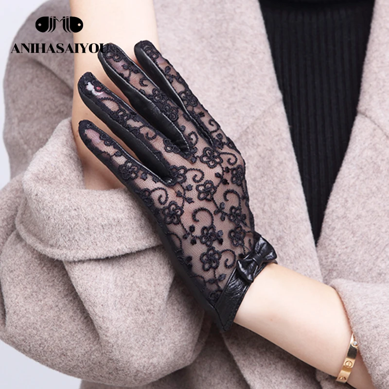 Sexy Fashion women\'s leather gloves spring and autumn thin sheepskin black lace gloves bow women\'s gloves-7018