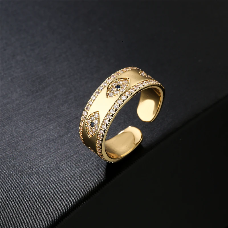 NEWBUY 2024 Fashion Gold Color Copper Wedding Jewelry AAA CZ Evil Eye Design Open Ring For Women Girl Engagement Gift