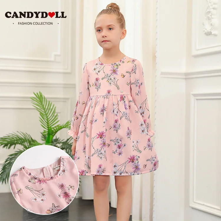 

CANDYDOLL Fall new girl of small rural style small broken flower velvet chiffon sweet dress in child long sleeve child dress