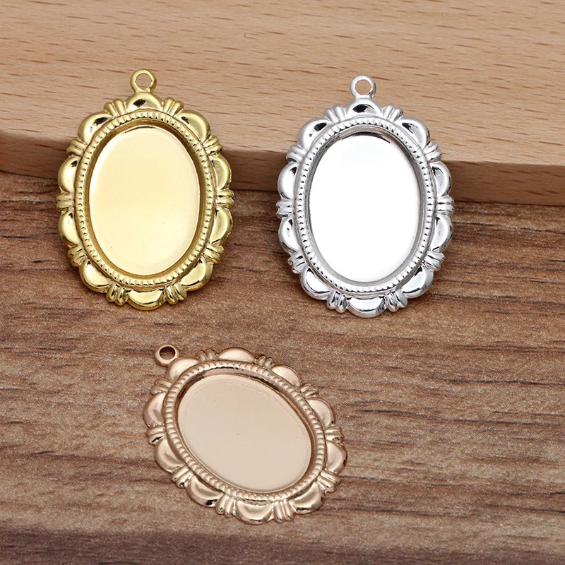 200pcs Silver Gold Plated Lace Frame Pendant Bezels Tray fits for 13x18mm Oval Glass Stone Cameo Cabochon Base Blanks