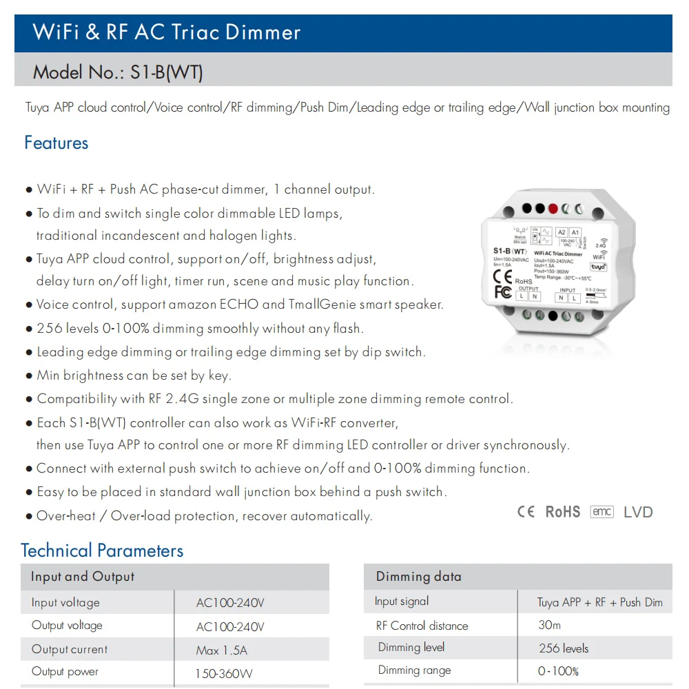 Tuya Triac Dimmer Switch 220V 110V 230V AC No Neutral 2.4G Smart Wifi LED Dimer for Bulb Lamp Work with Alexa Remote Control