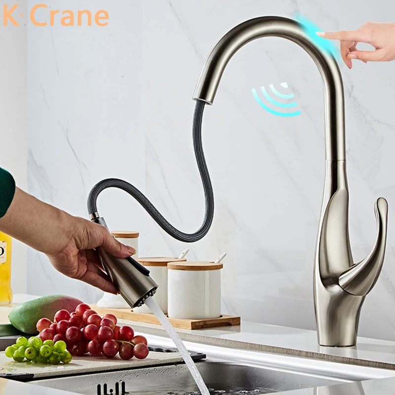 

Smart Sensor Kitchen Faucets Hot Cold Water Mixer Touch Tap Pull Down Sprayer Crane One Hole Single Handle Torneira Luxury Brass