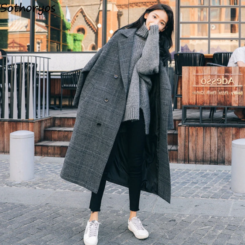 

Women Wool Blends Plaid Simple Long Overcoats Double Breasted Loose Tender Vintage Chic Woolen Coats Female Notched Thick Warm