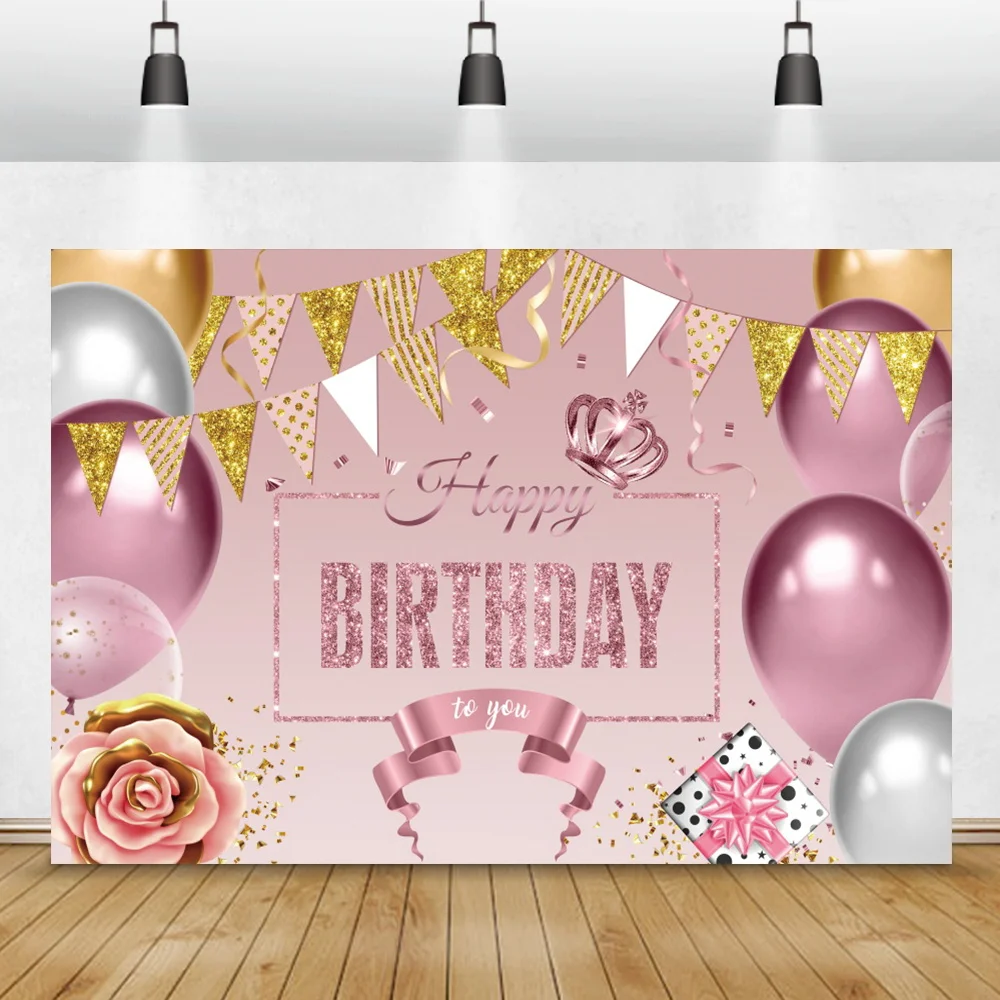 Pink Photo Backdrop Golden Flag Birthday Party Decor Photography Background Portrait Customized Banner Family Photocall Poster